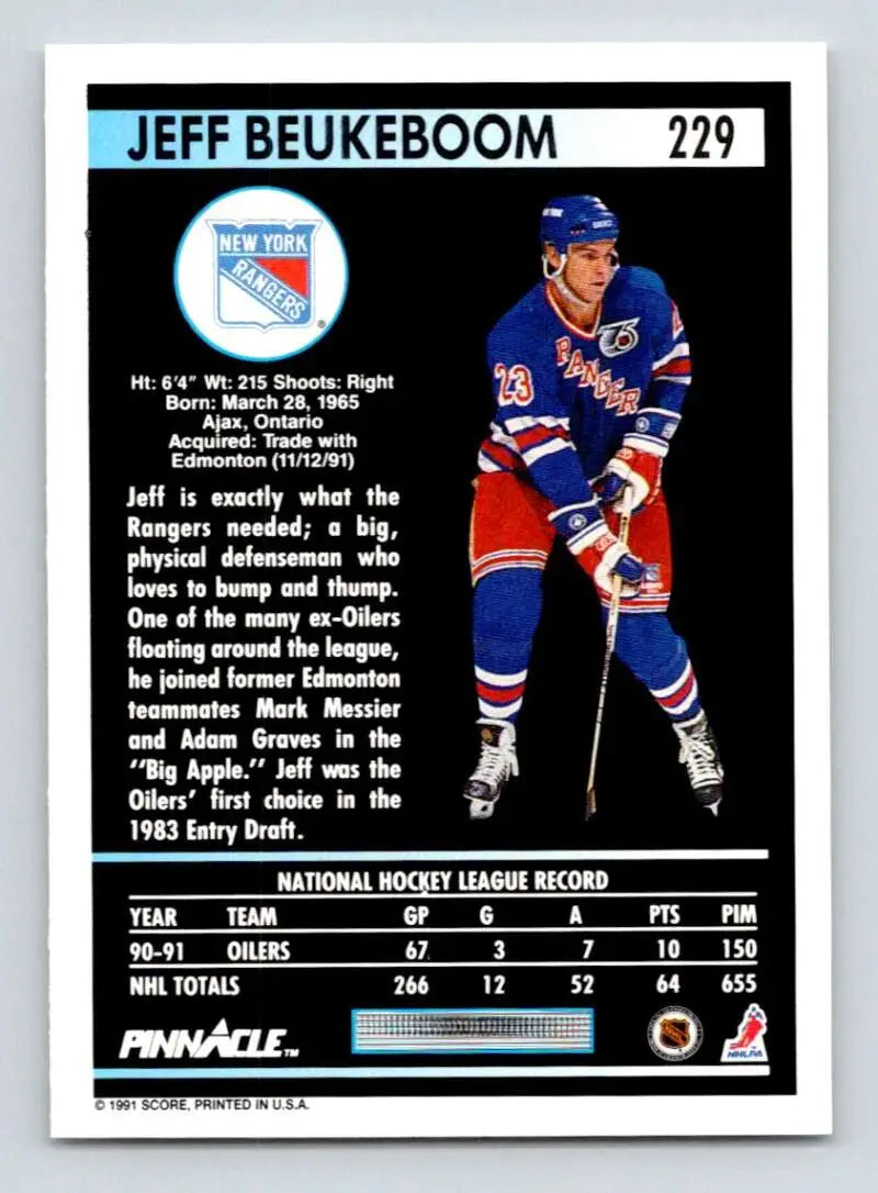 Hockey card of Jeff Beukeboom in blue and red York Rangers uniform