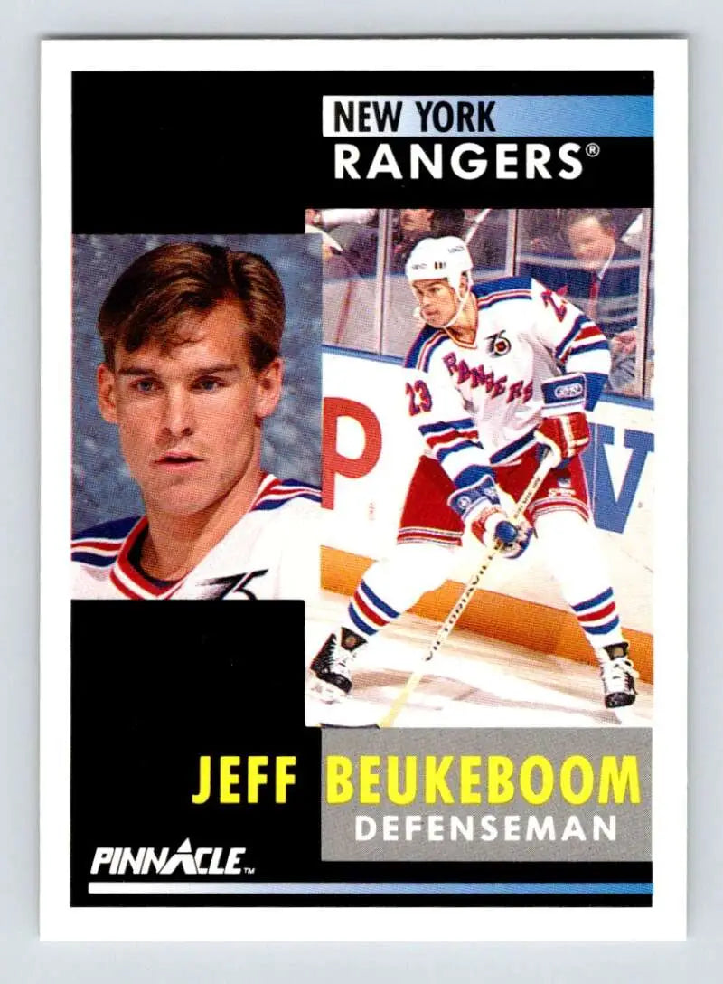 Hockey card of Jeff Beukeboom showcasing New York Rangers poses and action shots