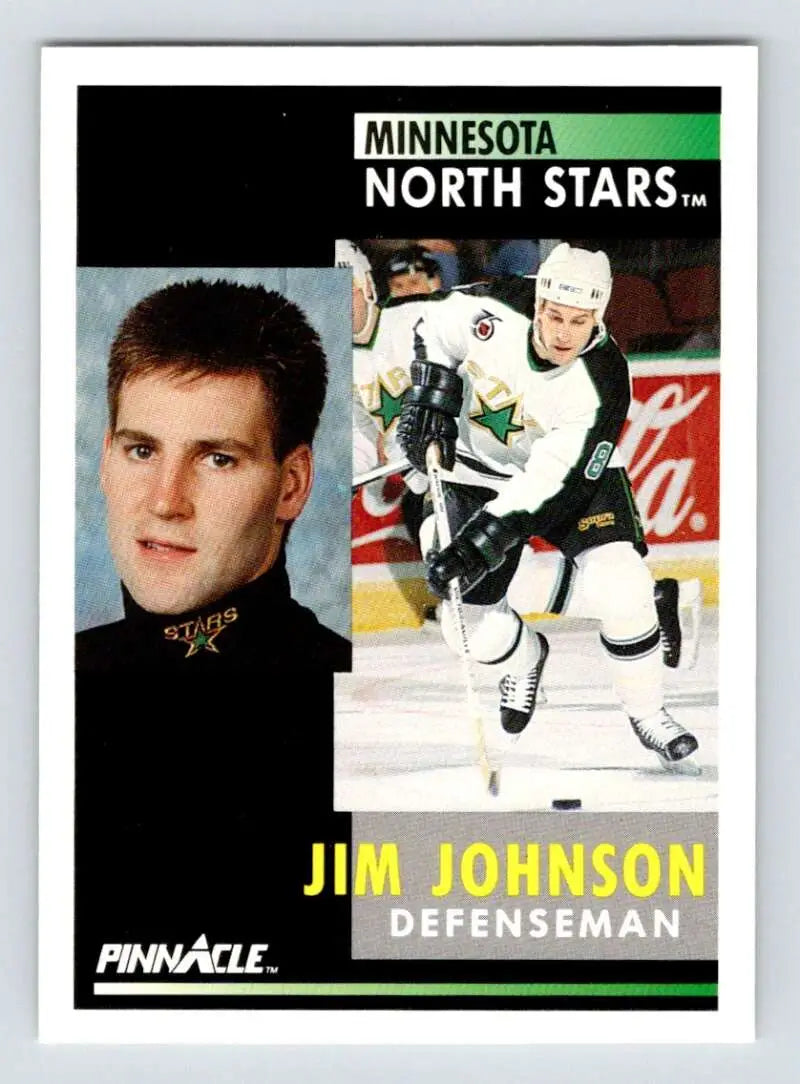 Hockey trading card of Jim Johnson from Minnesota North Stars with action and portrait images