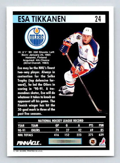 Esa Tikkanen hockey card featuring Edmonton Oilers player in blue and white uniform