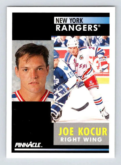 Hockey card of Joey Kocur in New York Rangers white and blue uniform from 1991-92