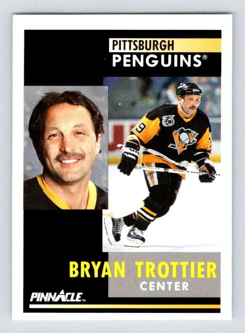 Pittsburgh Penguins hockey card featuring Bryan Trottier in portrait and action poses