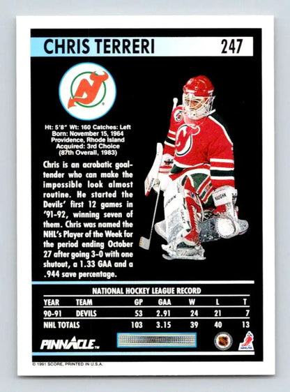 Hockey card of Chris Terreri in red jersey for New Jersey Devils from 1991-92 Pinnacle