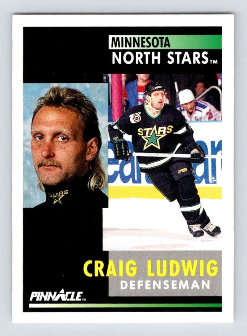 Hockey trading card of Craig Ludwig, Minnesota North Stars defenseman in action and portrait