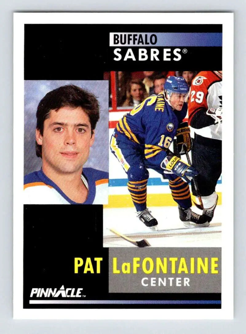 Hockey card of Pat LaFontaine showcasing Buffalo Sabres action and portrait images