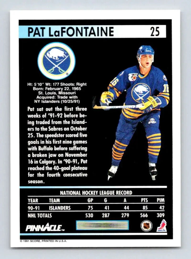 Hockey card of Pat LaFontaine in Buffalo Sabres blue and yellow uniform