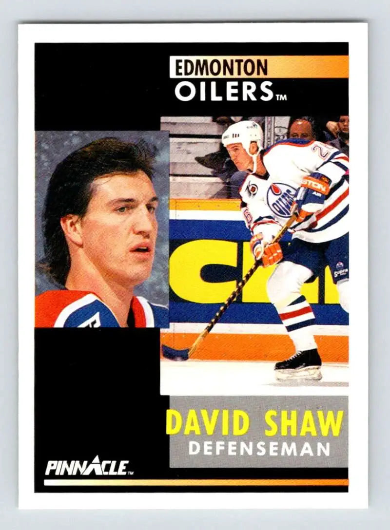 Hockey card of Edmonton Oilers defenseman David Shaw in split photo design