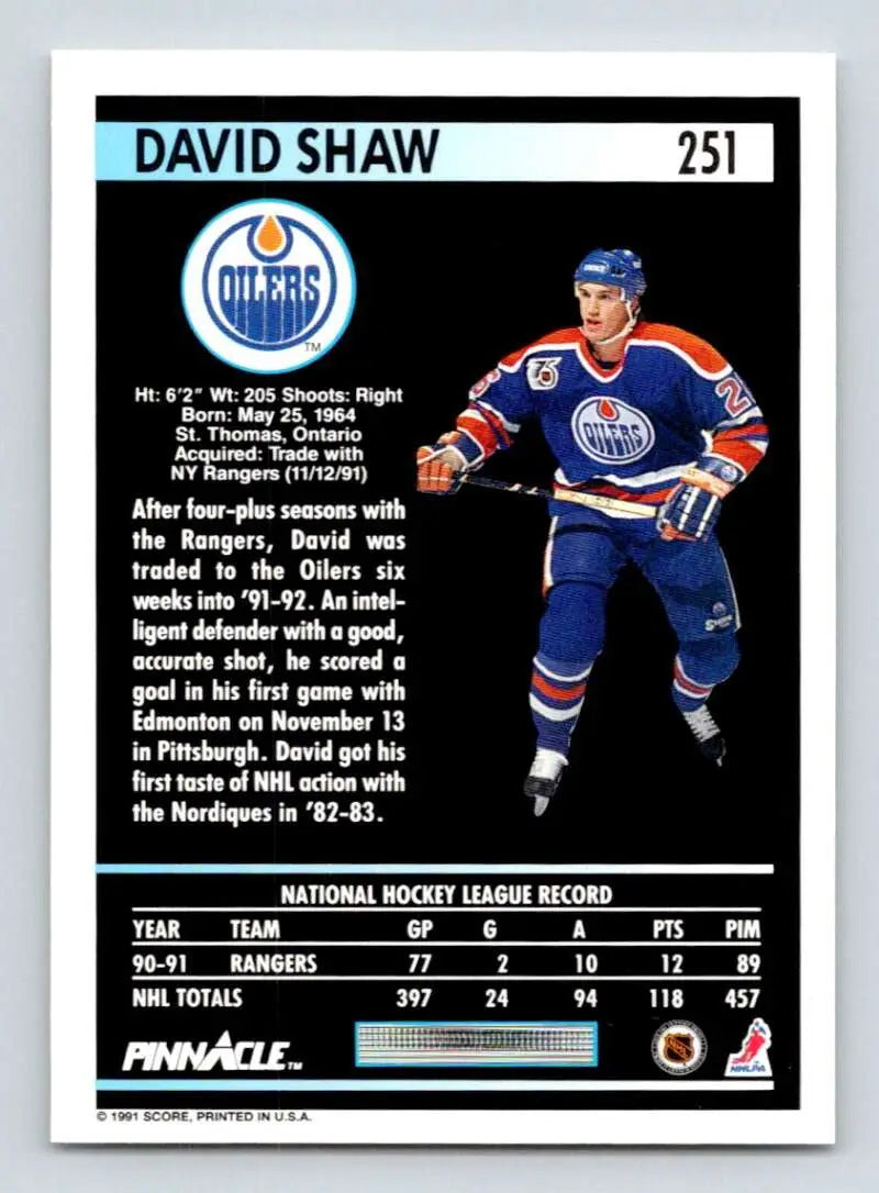 Hockey card of David Shaw in Edmonton Oilers uniform with player statistics on back