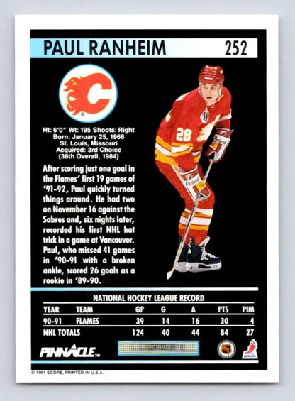 Calgary Flames Paul Ranheim hockey card in red and yellow uniform, 1991-92 Pinnacle #252