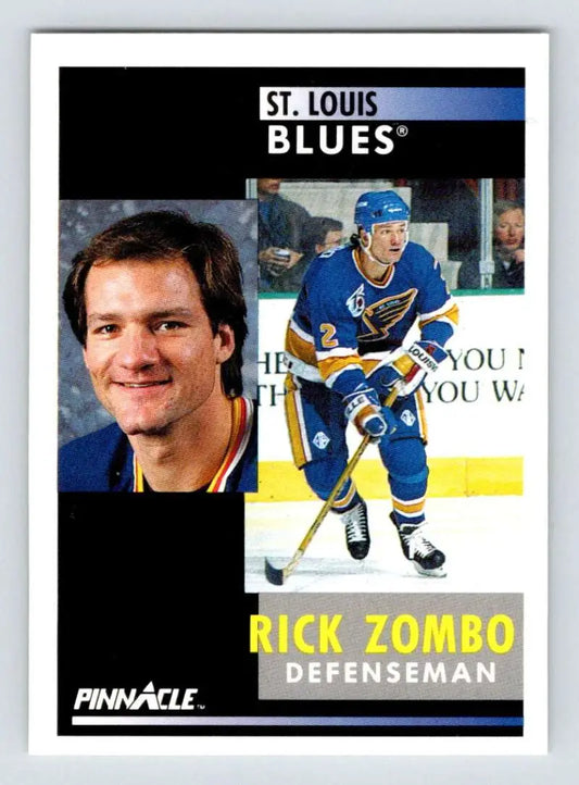 Hockey card of Rick Zombo showcasing St. Louis Blues defenseman poses