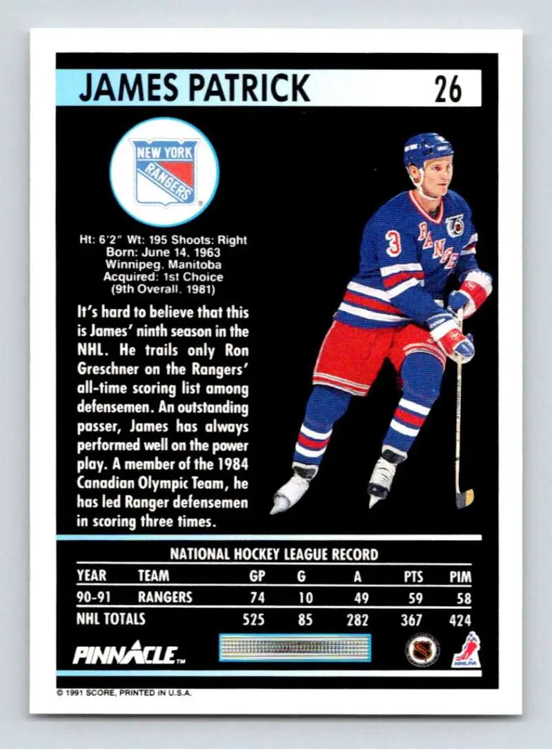 1991-92 Pinnacle Hockey Card of James Patrick, New York Rangers player #26