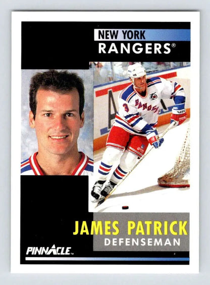 Hockey card featuring James Patrick, New York Rangers defenseman in action and portrait poses