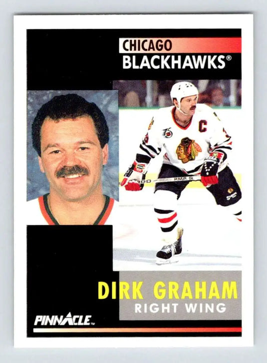 Hockey card of Dirk Graham in white jersey for Chicago Blackhawks with action shots