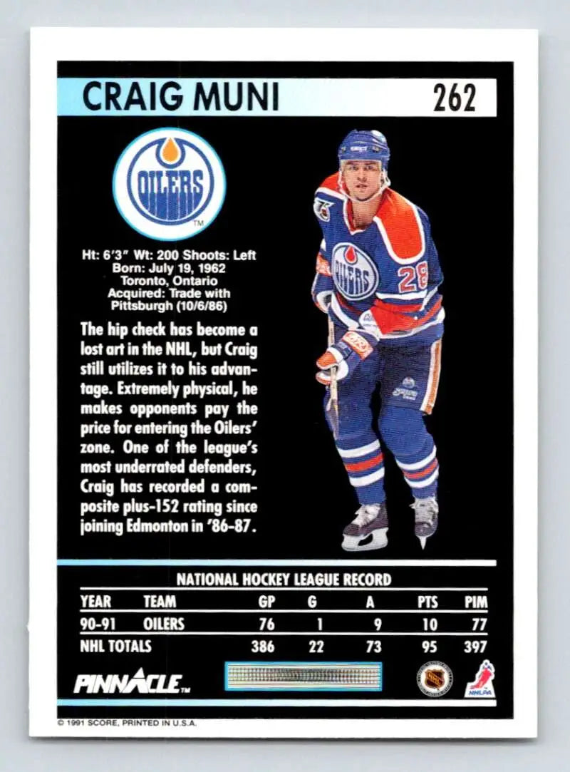 Hockey card of Craig Muni in Edmonton Oilers classic blue and orange uniform