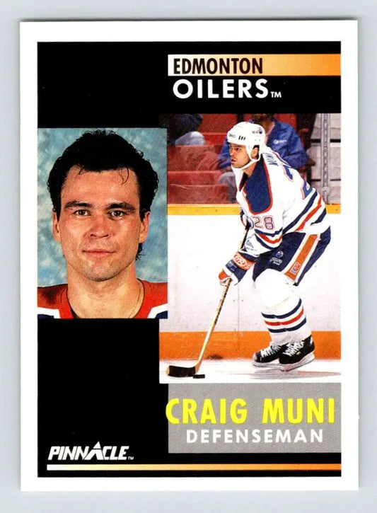 Hockey card featuring Craig Muni, Edmonton Oilers defenseman from Pinnacle series