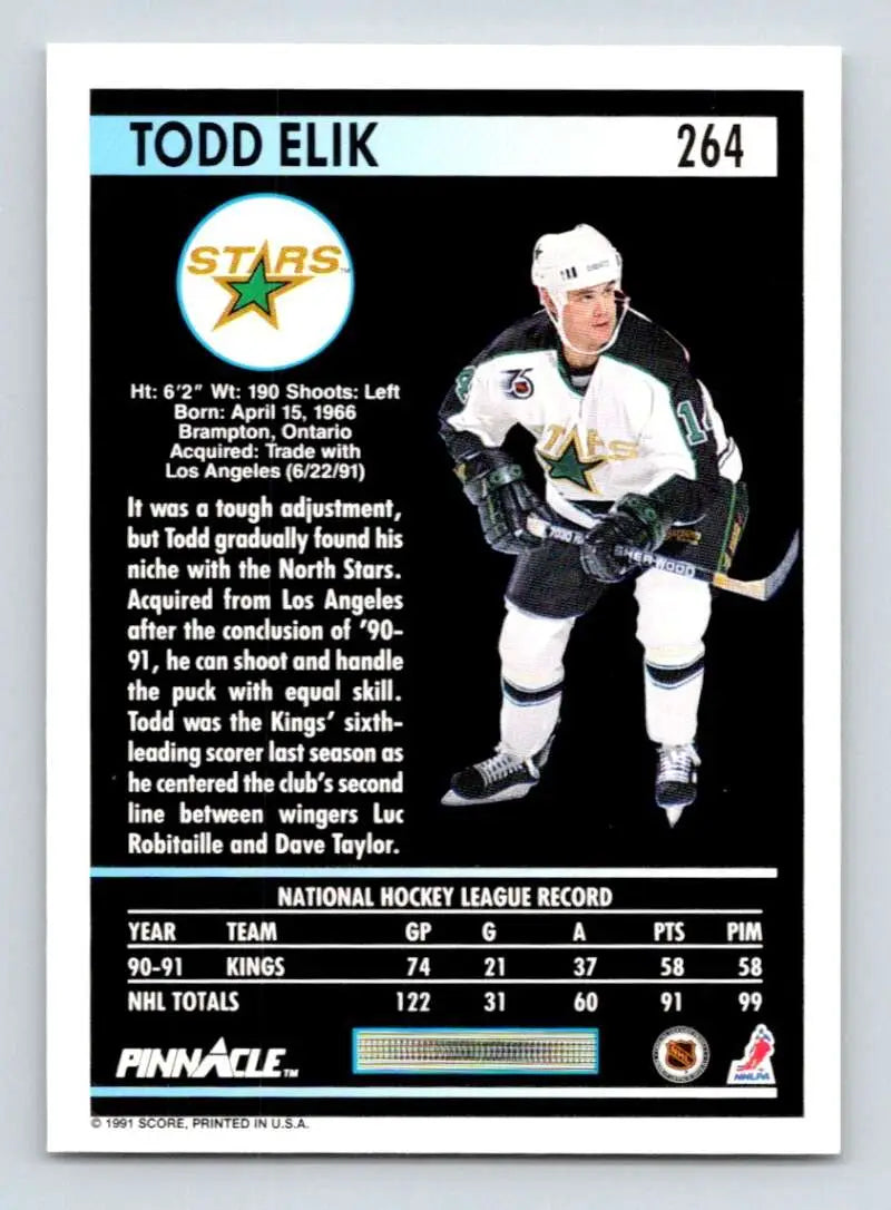 Hockey trading card of Todd Elik from the Minnesota North Stars with stats on reverse