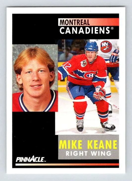 Mike Keane Montreal Canadiens sports card in red and blue uniform from 1991-92 Pinnacle