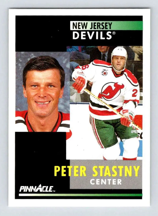 Hockey card featuring Peter Stastny in action and headshot for New Jersey Devils