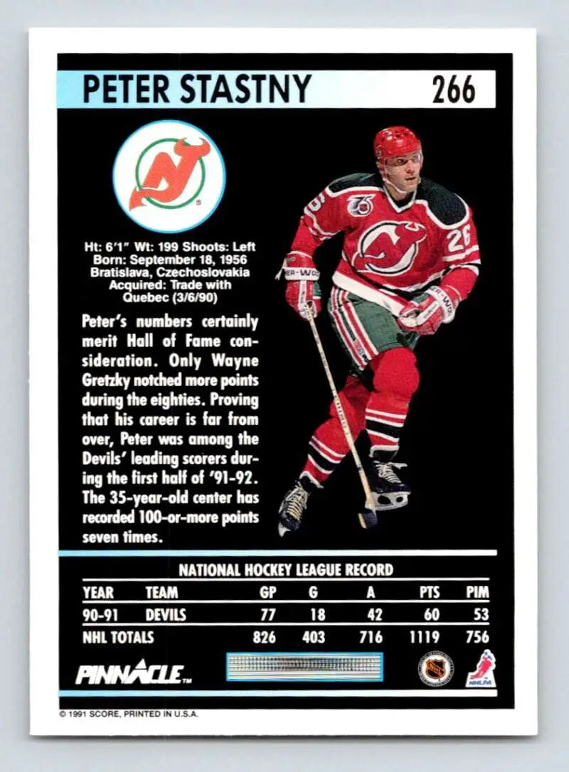 Hockey card of Peter Stastny in New Jersey Devils red and white uniform