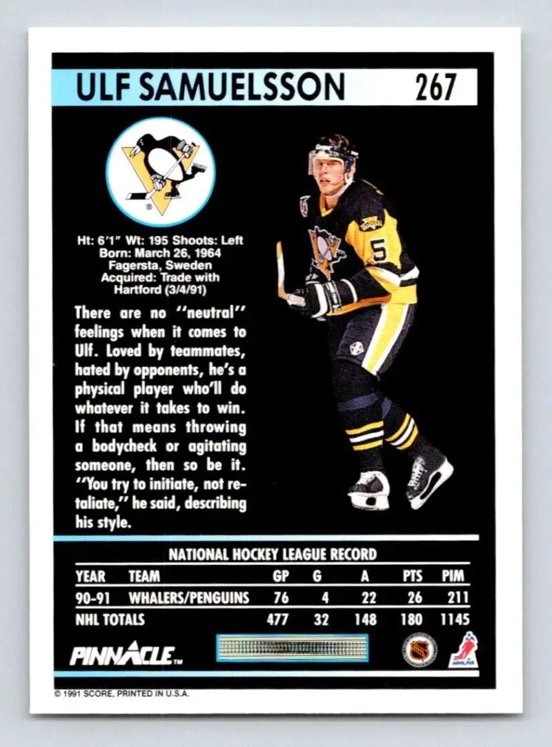 Pittsburgh Penguins Ulf Samuelsson 1991-92 hockey card in black and yellow uniform