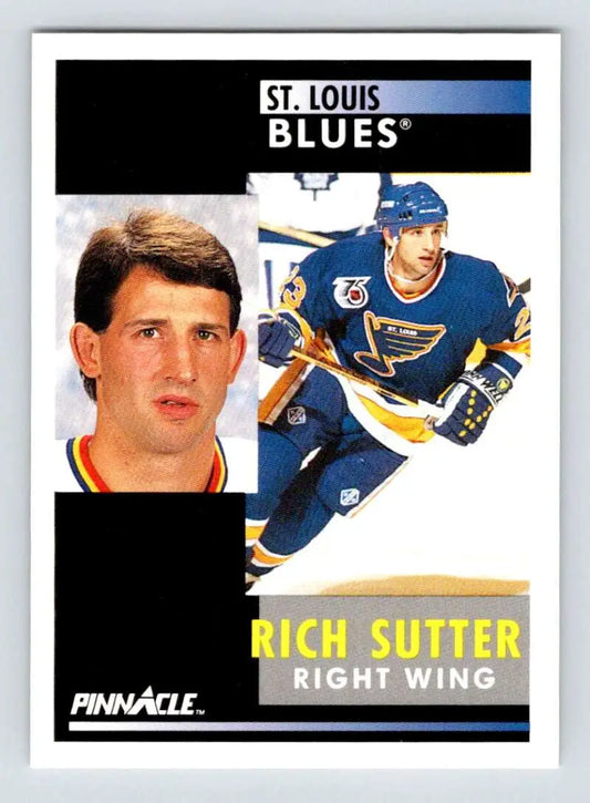 Hockey card of Rich Sutter, St. Louis Blues player in action and portrait poses