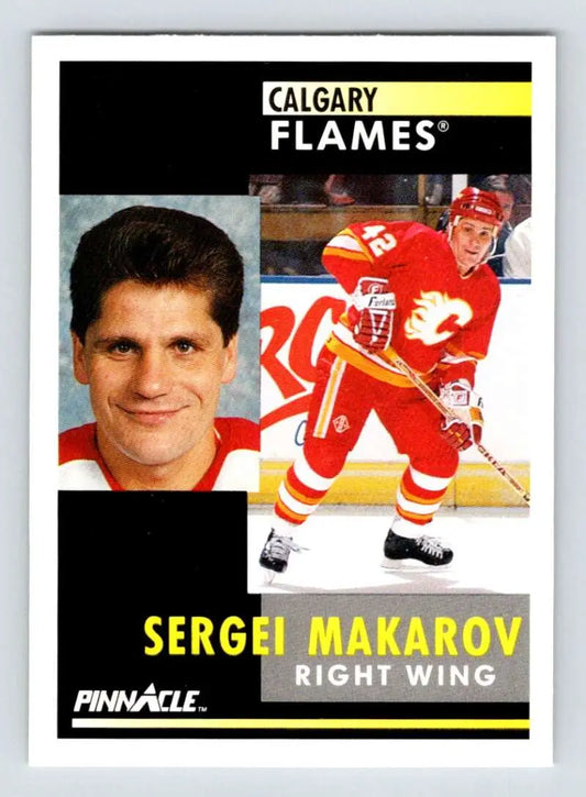 Hockey card of Sergei Makarov showcasing Calgary Flames player in action and portrait poses