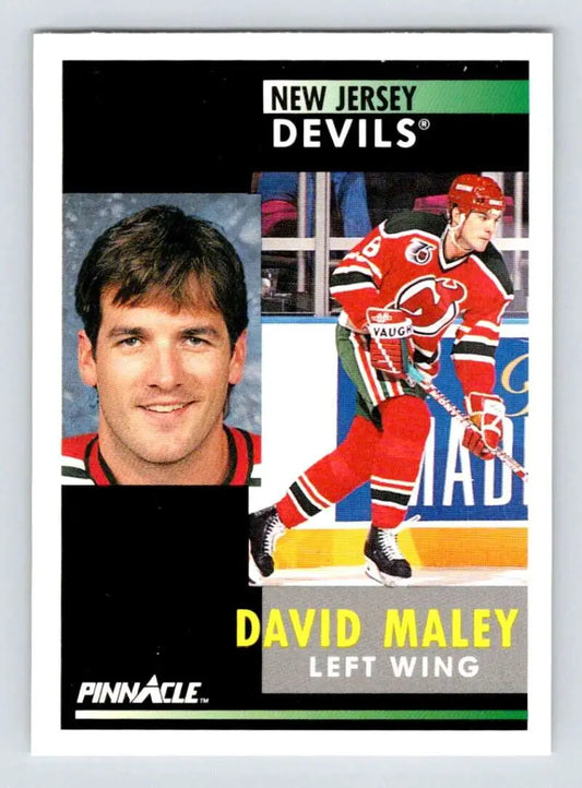 Hockey card featuring David Maley of the New Jersey Devils in action and portrait poses