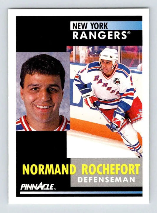 Hockey card featuring Normand Rochefort of the New York Rangers in action and portrait