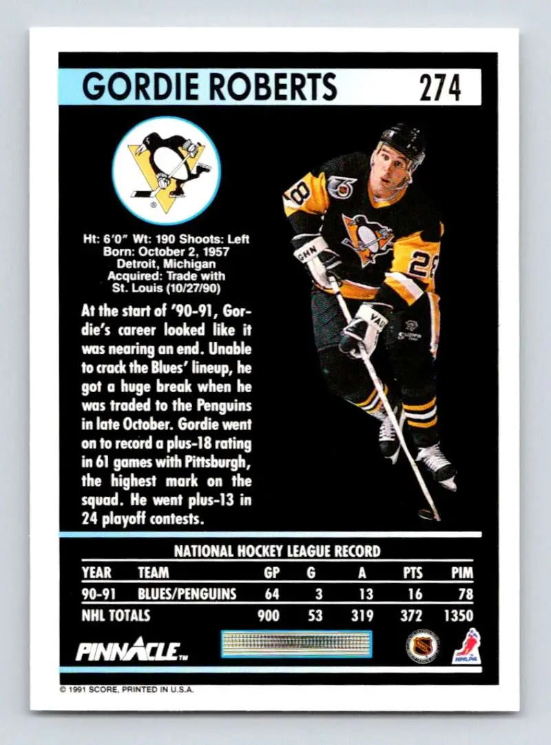 Hockey card featuring Gordie Roberts wearing Pittsburgh Penguins black and gold uniform