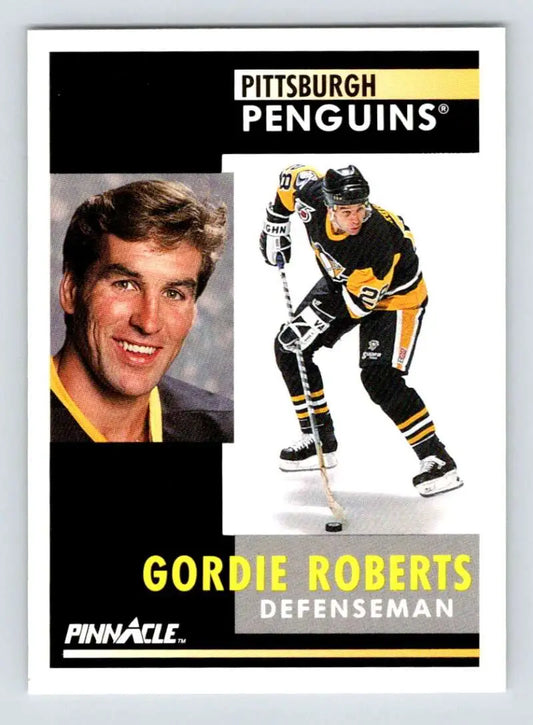 Pittsburgh Penguins Gordie Roberts hockey card in black and yellow uniform