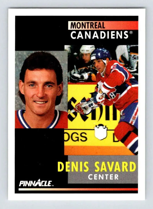 Hockey card of Denis Savard featuring portrait and action shots with Montreal Canadiens