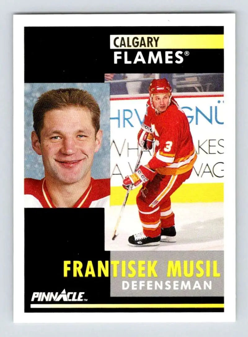 Hockey card of Frank Musil, Calgary Flames defenseman in portrait and action poses