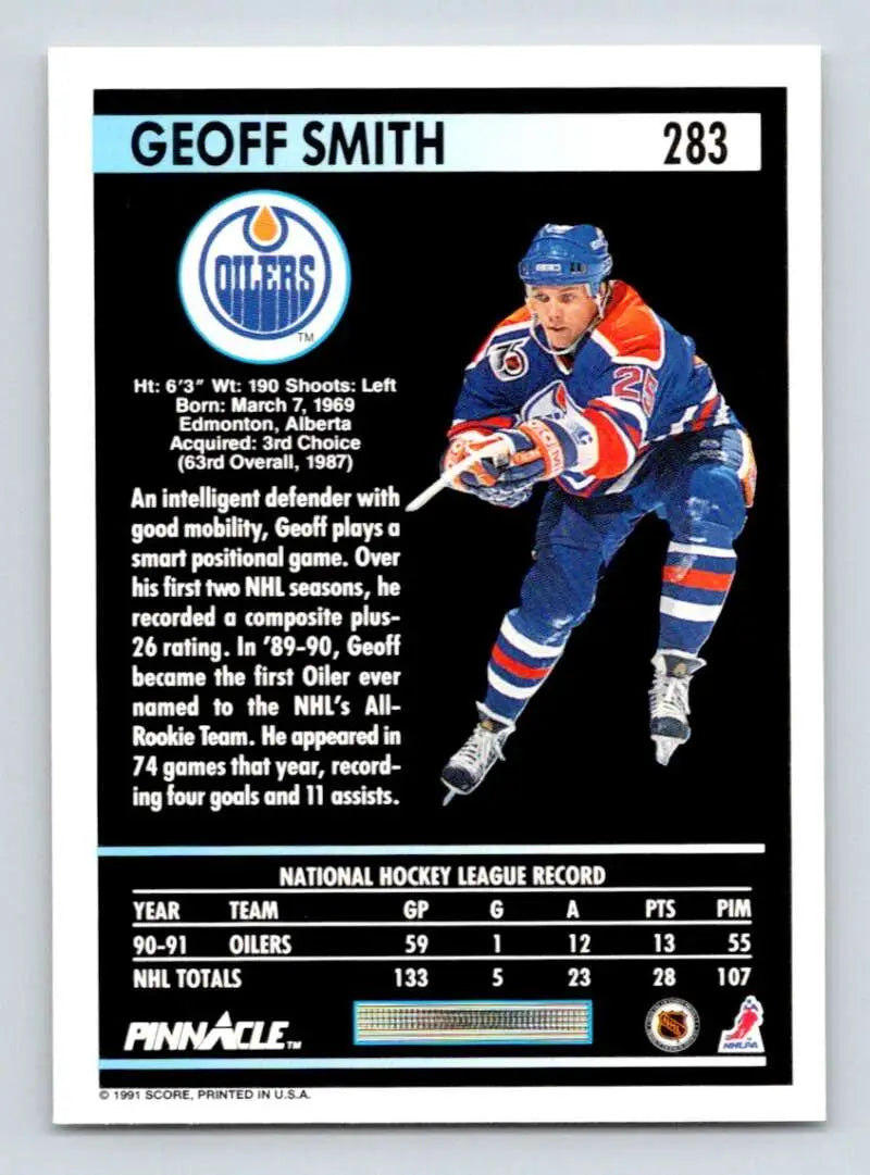 Hockey card featuring Geoff Smith of the Edmonton Oilers in action from Pinnacle