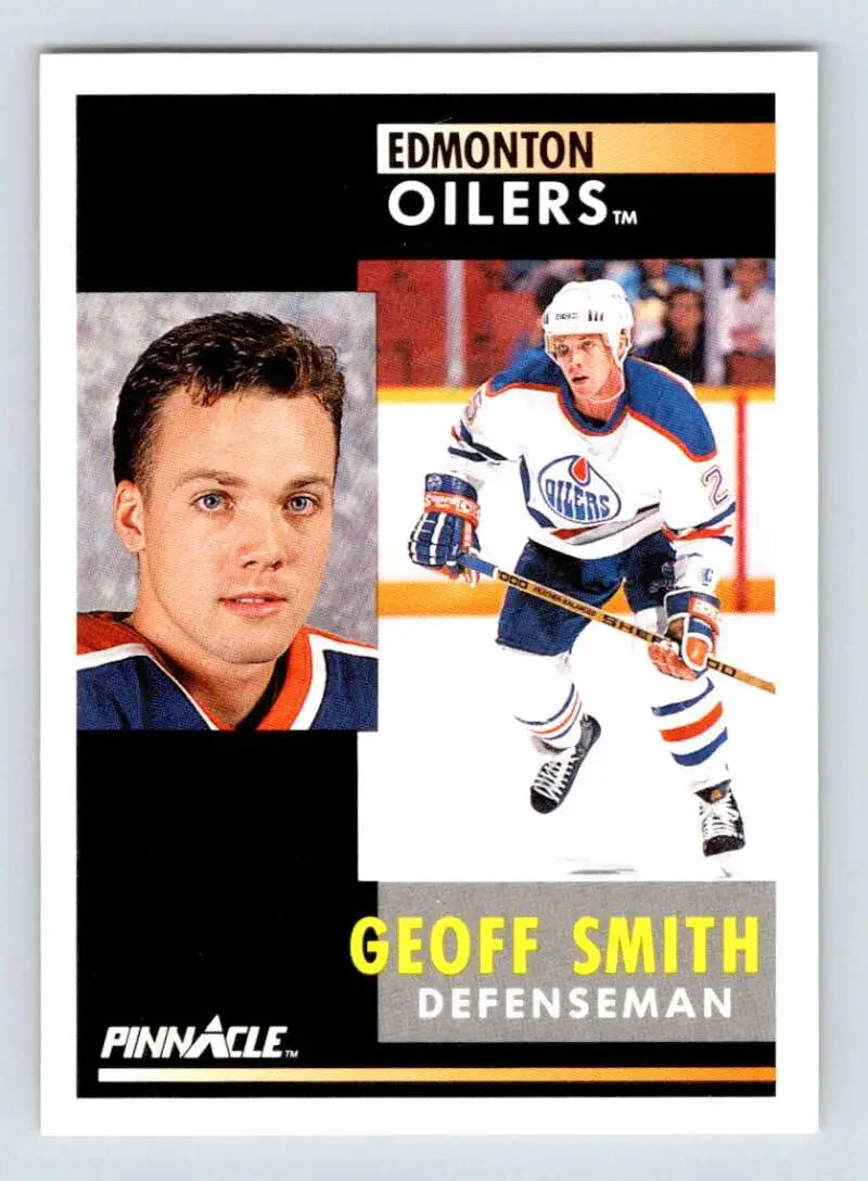 Hockey card of Geoff Smith featuring Edmonton Oilers portrait and action shot