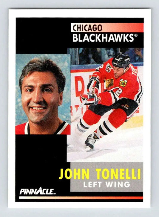 Chicago Blackhawks hockey card of John Tonelli in action, 1991-92 Pinnacle #284