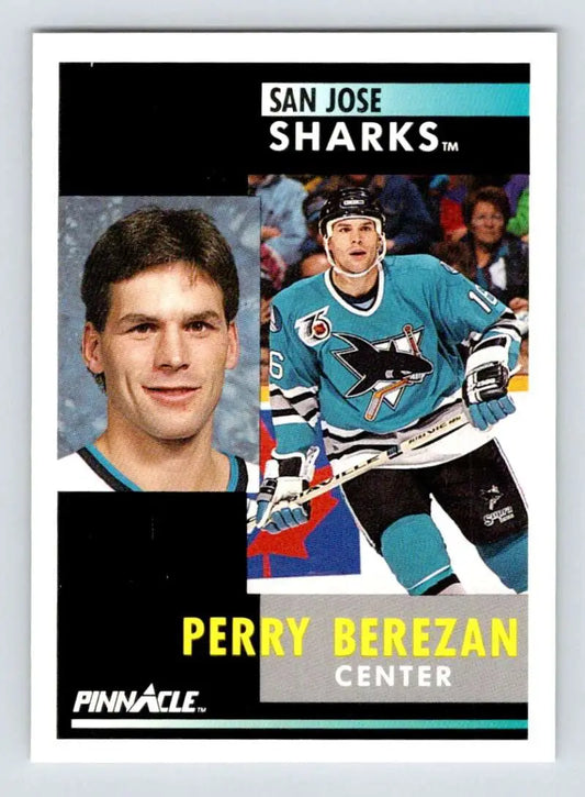 Hockey trading card of Perry Berezan, San Jose Sharks player in teal jersey