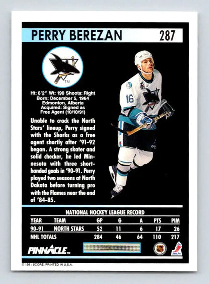 Hockey trading card of Perry Berezan in San Jose Sharks white uniform