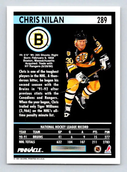 Hockey card of Chris Nilan in Boston Bruins black and yellow uniform