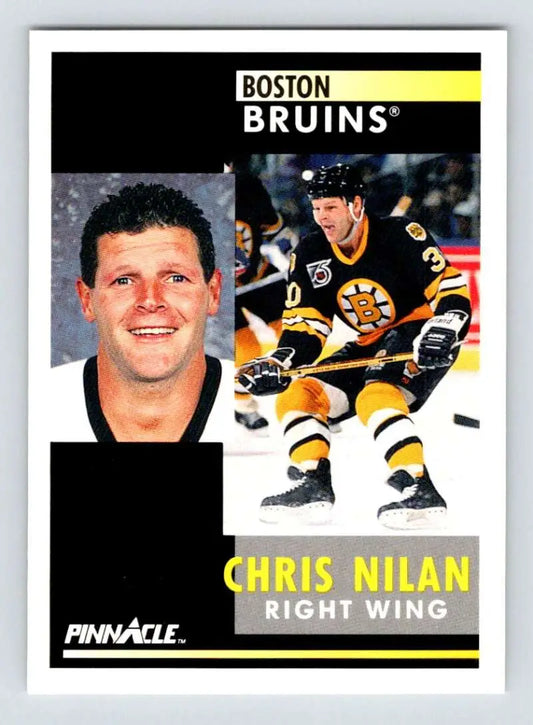 Chris Nilan Boston Bruins hockey card with portrait and action poses from 1991-92 Pinnacle