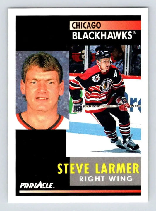 Hockey card of Steve Larmer featuring Chicago Blackhawks right wing poses