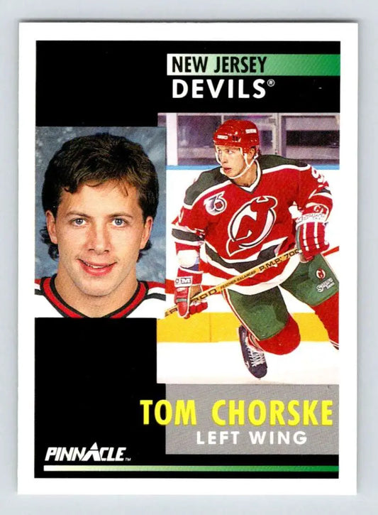 Hockey card of Tom Chorske in red jersey from 1991-92 Pinnacle New Jersey Devils