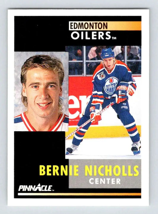 Hockey card featuring Bernie Nicholls in Edmonton Oilers jersey #9 poses