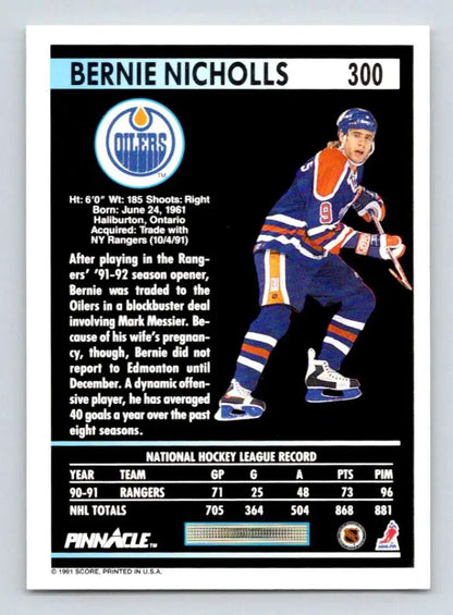 Hockey card of Bernie Nicholls in Edmonton Oilers blue and orange uniform