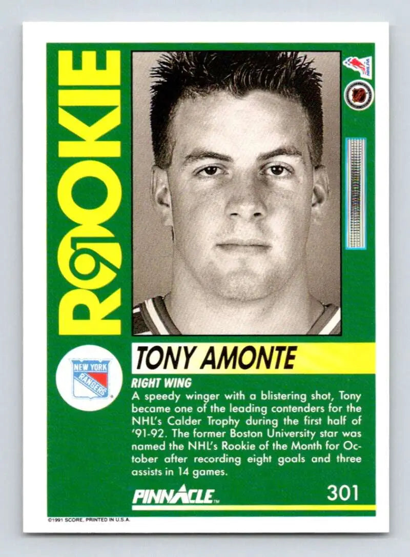 1991-92 Pinnacle #301 Tony Amonte NM-MT RC New York Rangers Hockey Card display image