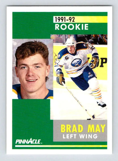 1991-92 Pinnacle #302 Brad May Buffalo Sabres Hockey Card showcasing a left wing player