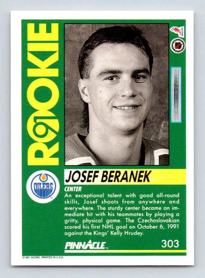 Vintage hockey card featuring Josef Beranek of the Edmonton Oilers with a green border