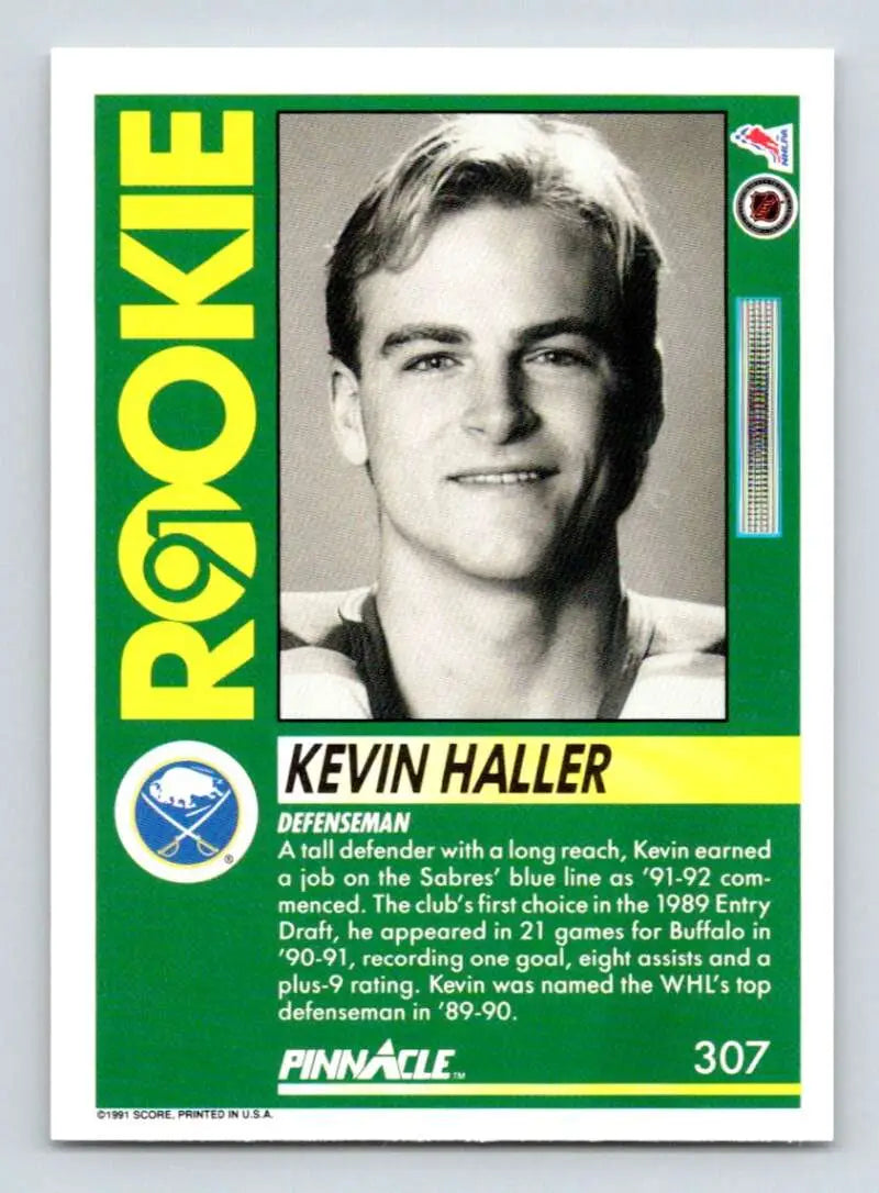 Green and white Buffalo Sabres hockey card featuring rookie Kevin Haller