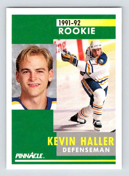 1991-92 Pinnacle Kevin Haller rookie hockey card featuring Buffalo Sabres defenseman action