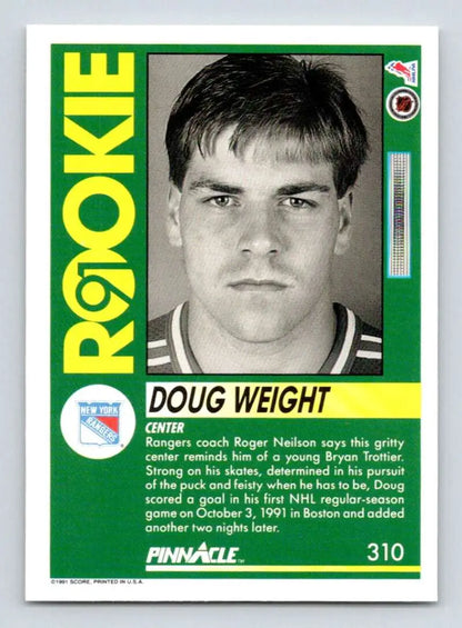 Hockey card featuring Doug Weight with green border, New York Rangers rookie image