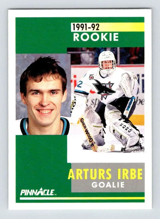 1991-92 Pinnacle hockey card featuring Arturs Irbe of the San Jose Sharks